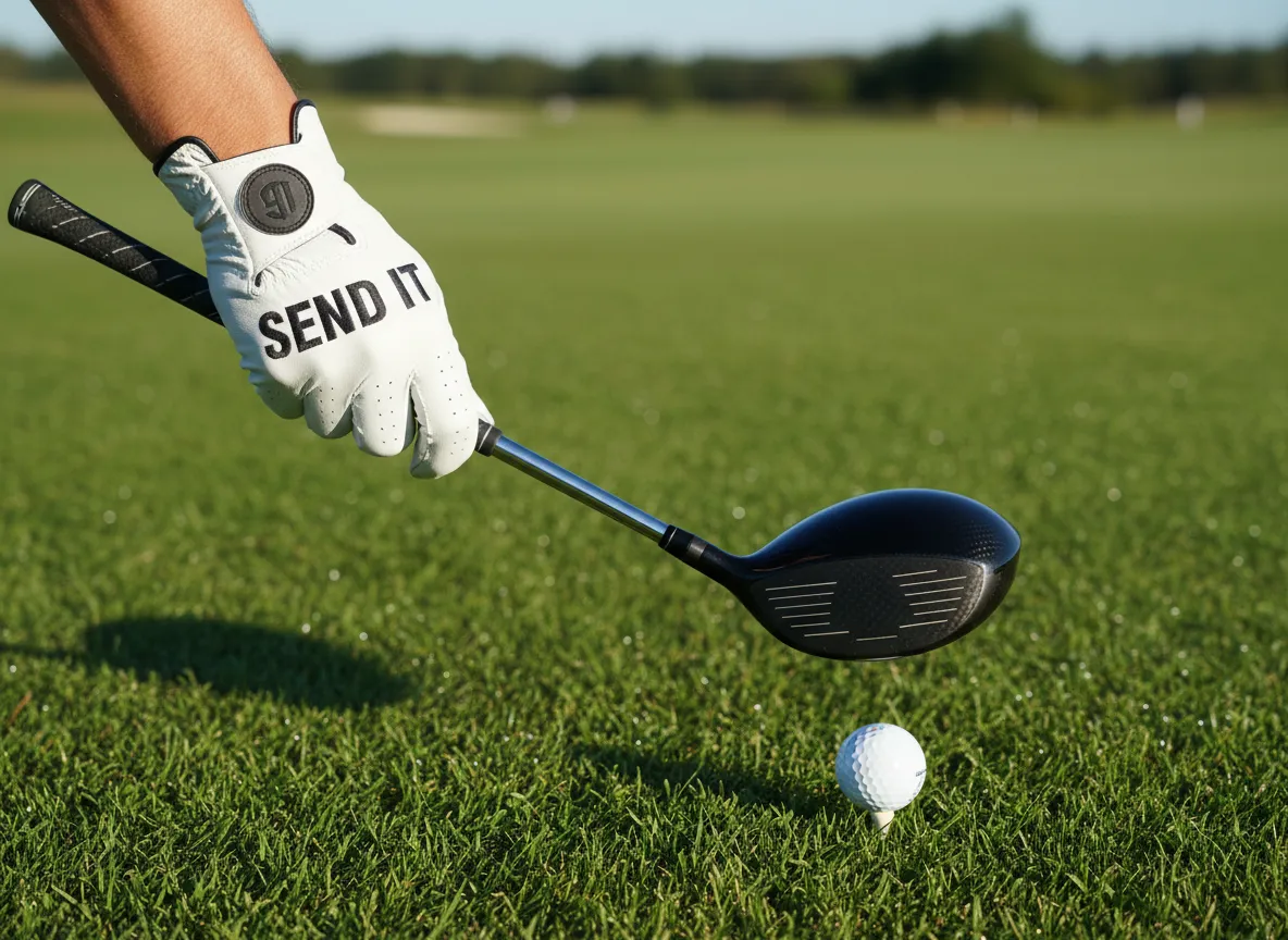 Hand wearing a send it motivational golf glove on tee box