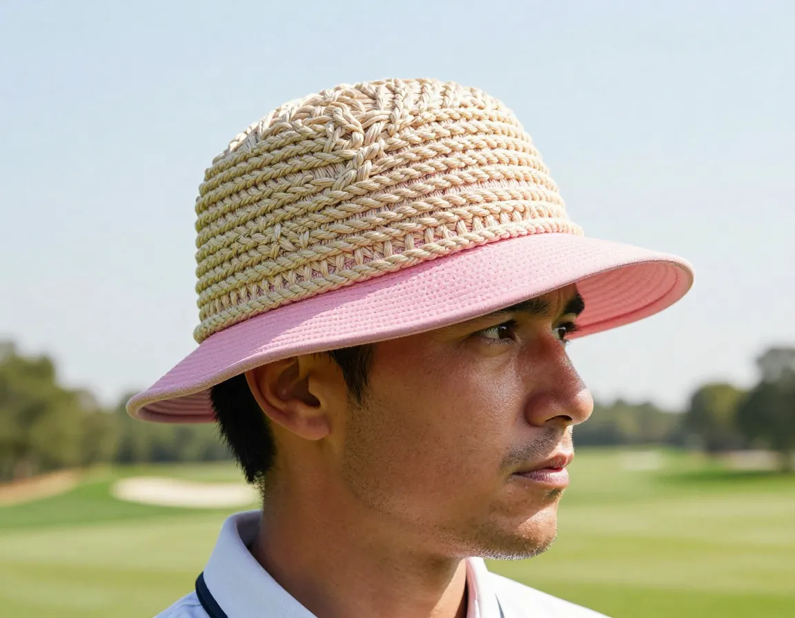 Rope hat on golfer at fairway with textured braided rope crown details