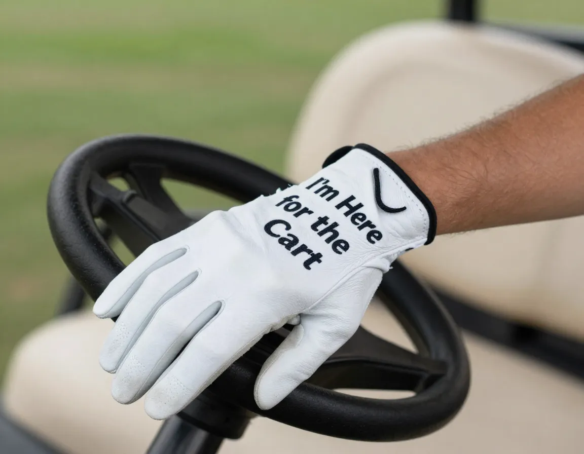 Hand wearing an im here for the cart humorous golf glove