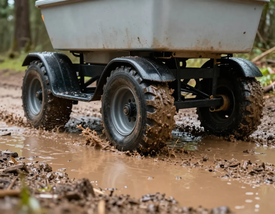Protective fenders on zuca cart in muddy terrain