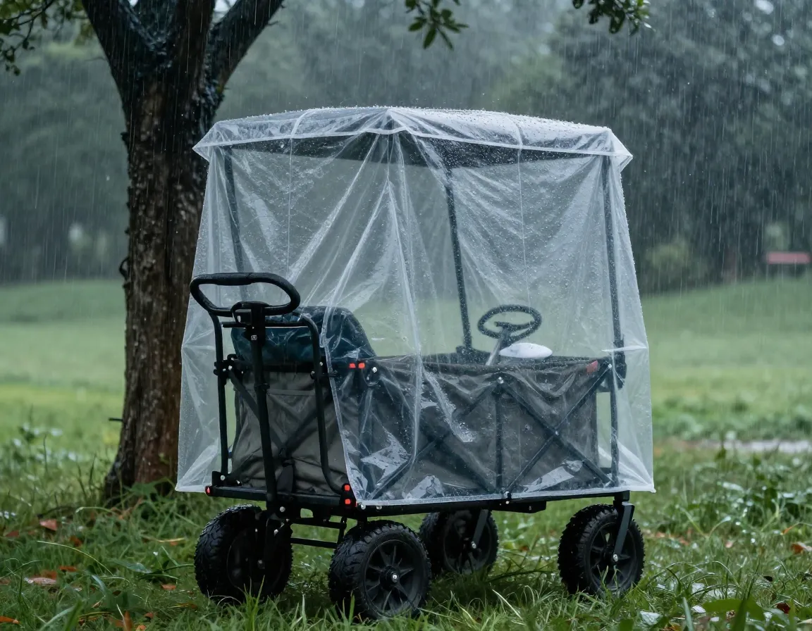 Deployed rain fly on zuca cart during downpour