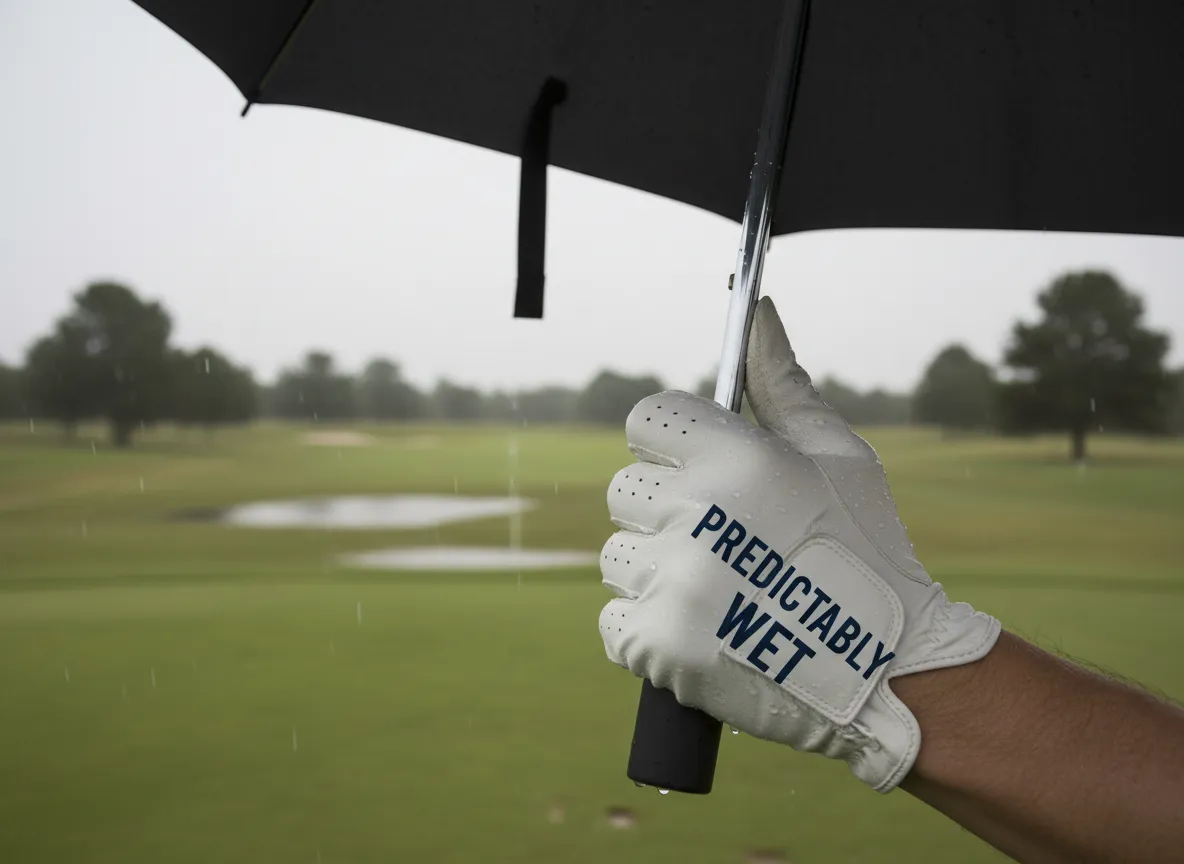 Hand with weather commentary golf glove in light rain