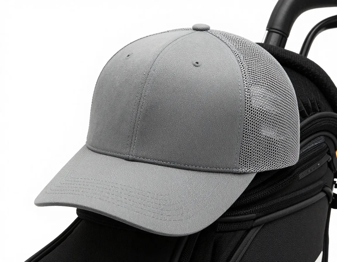 Structured foam trucker hat with mesh back panel for ventilation on course