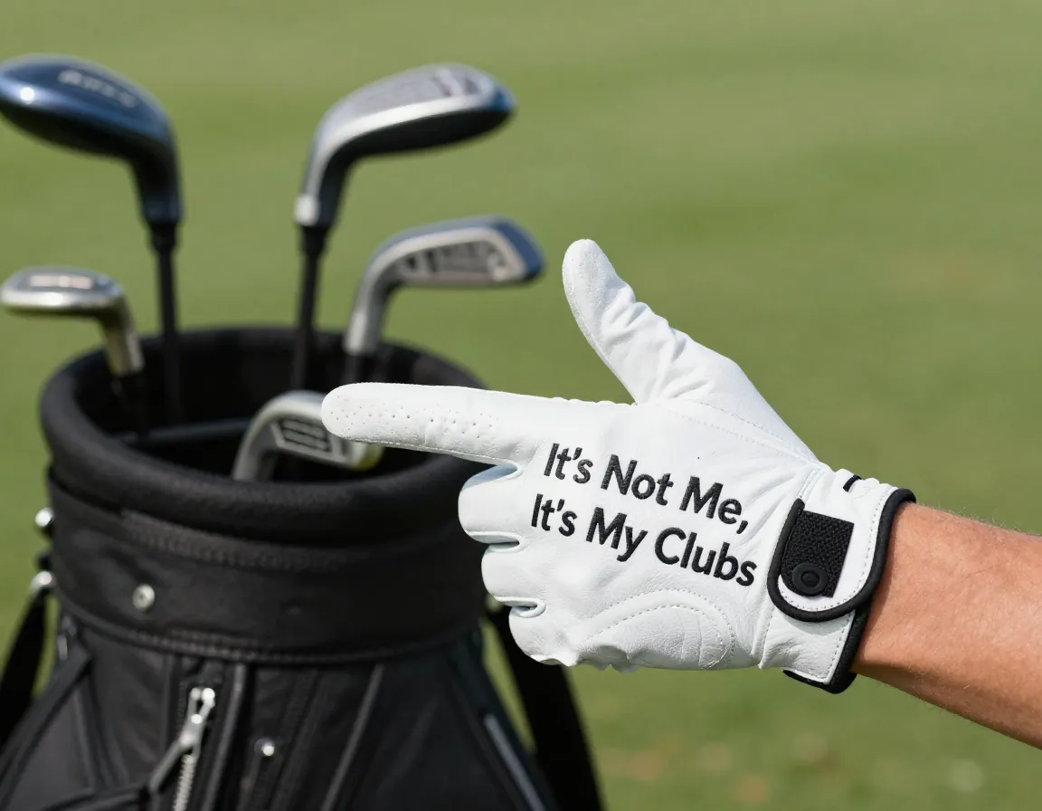 Hand wearing an its not me its my clubs golf glove
