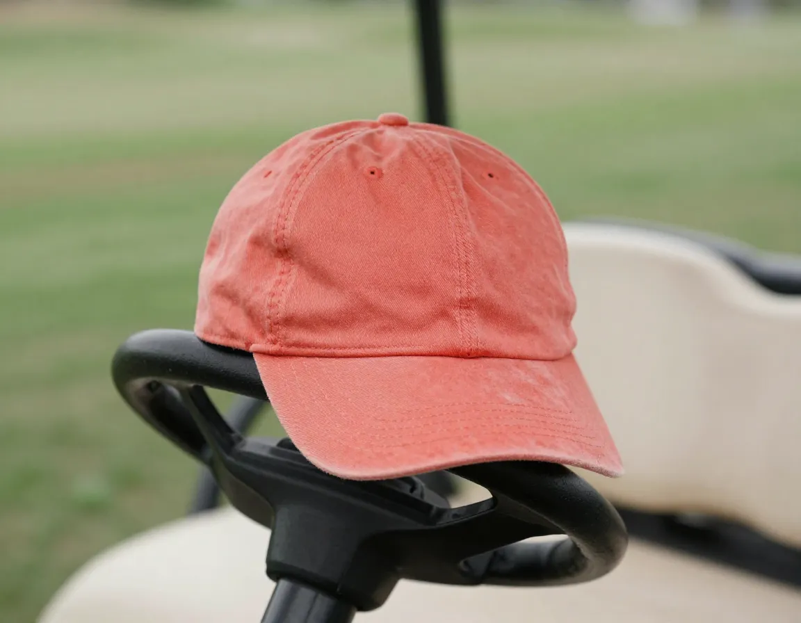 Unstructured dad hat in coral color resting on golf cart steering wheel