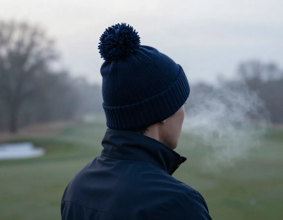 Traditional pom beanie in deep navy on golfer during winter morning round