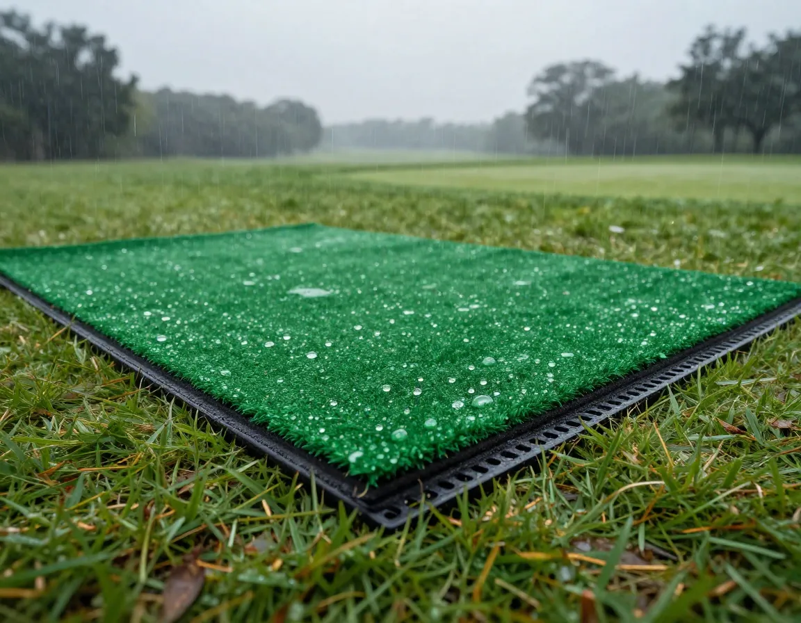 Weather resistant outdoor golf mat with drainage on wet grass