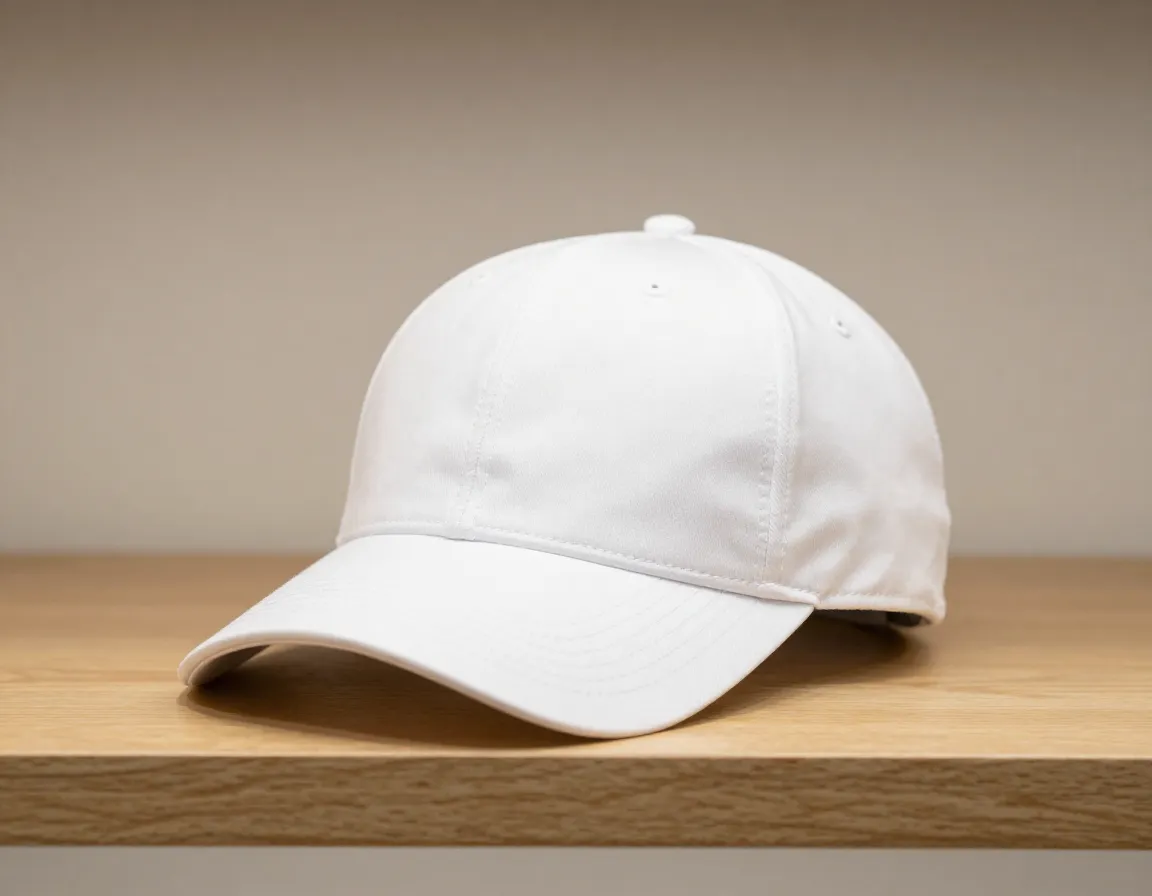 Classic pre curved bill club cap in white displayed on wooden shelf