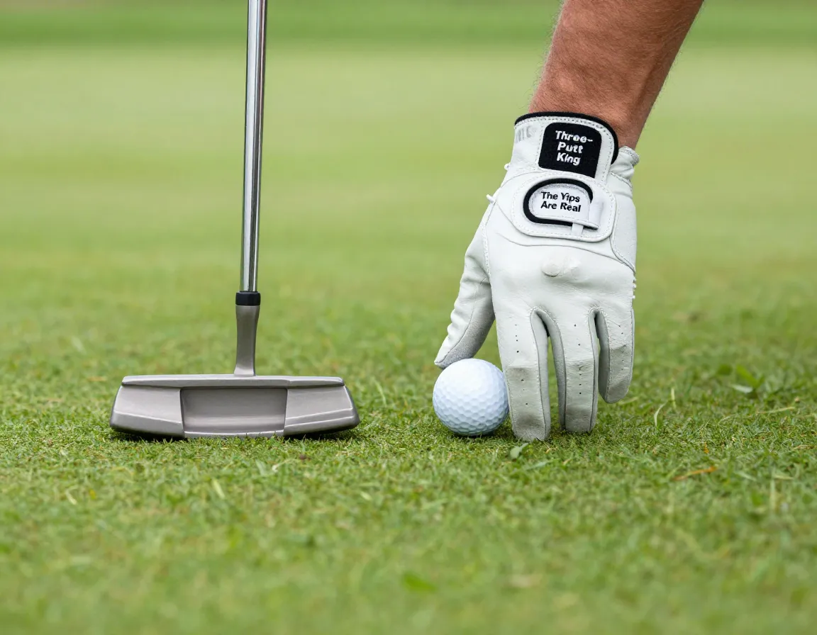 Hand with putting frustration golf glove lining up a putt