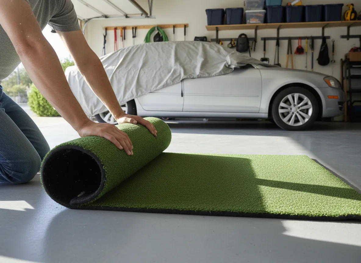 Portable golf mat being rolled up for storage in a home garage