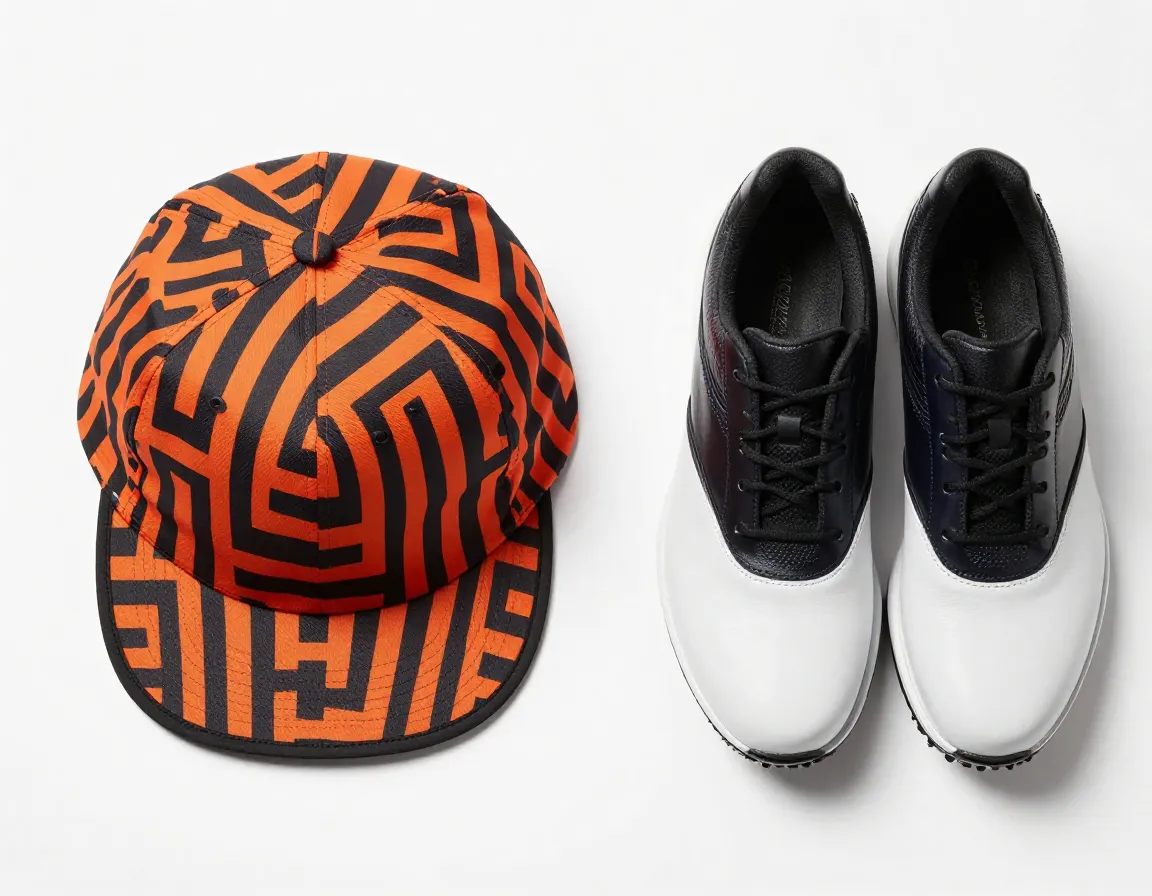 Geometric flat bill cap in bold pattern next to modern golf shoes