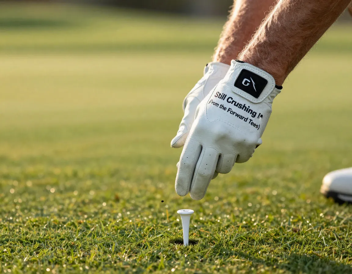 Hand wearing a distance denial glove on forward tee box