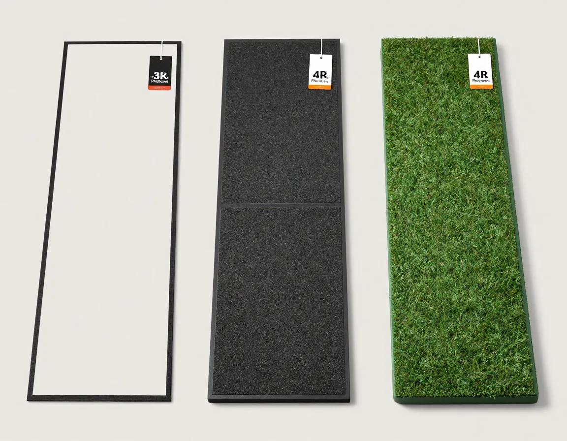 Three tiered golf mats representing budget midrange and premium options