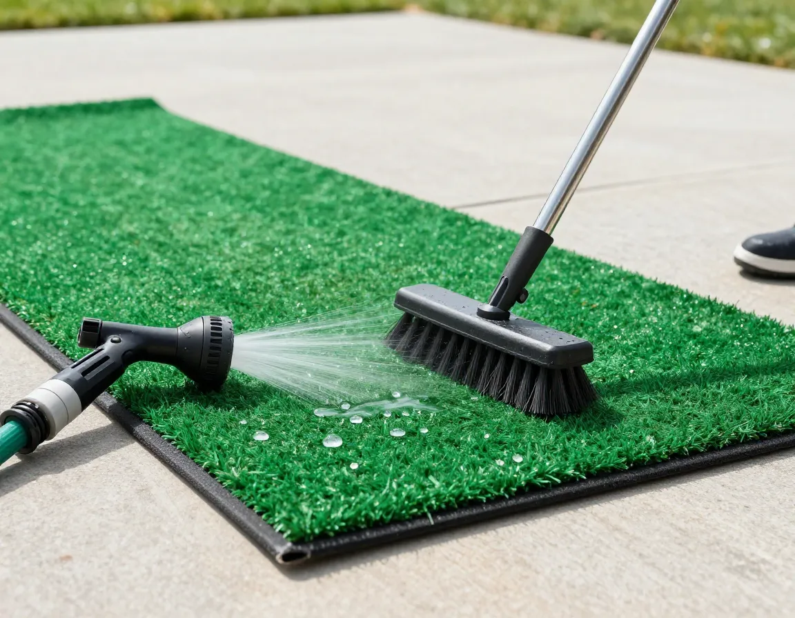 Golf mat maintenance with brush and hose for cleaning on driveway