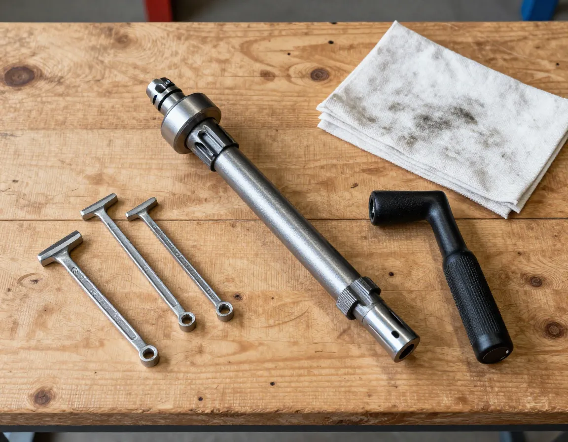 Maintenance wheel axle and handle parts on workshop table