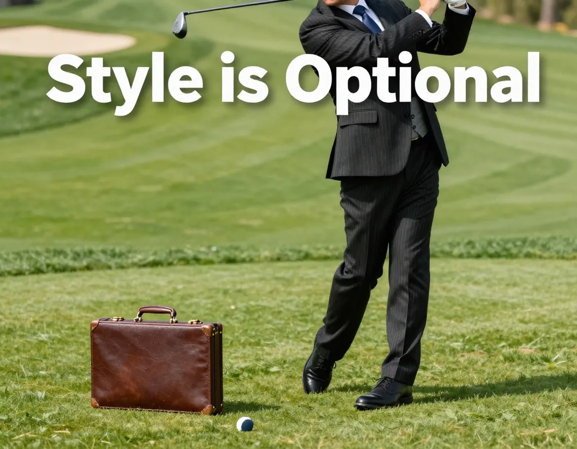 Formal suit golfer briefcase on green fairway humor contrast