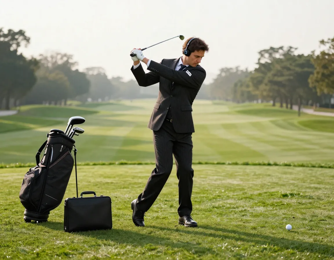 Executive golfer in suit swinging club on lush green fairway