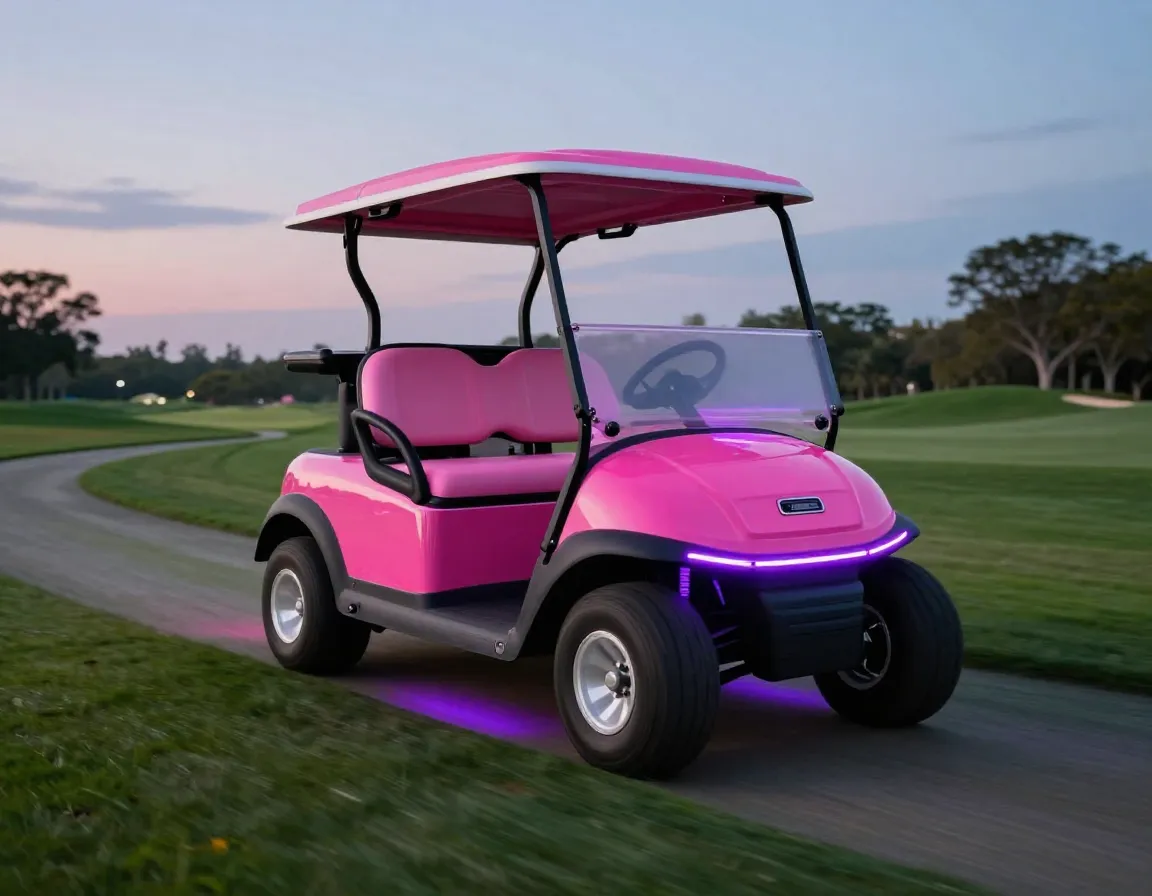 Hot pink golf cart cruising at twilight with vibrant led underglow strips