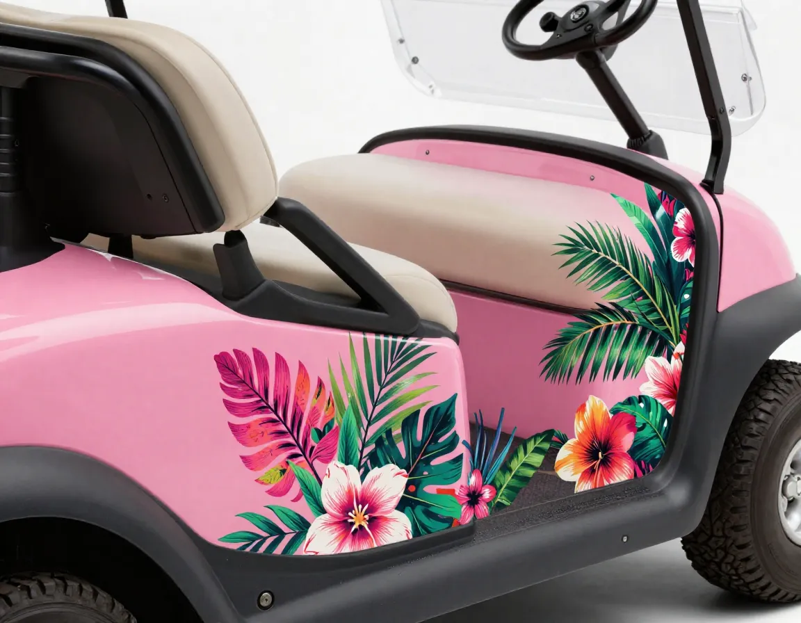 Custom vinyl decal on a hot pink golf cart with a tropical floral design