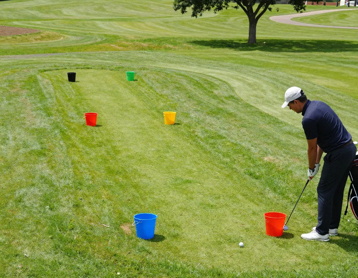 Portable bucketgolf six hole course setup on a grassy park field