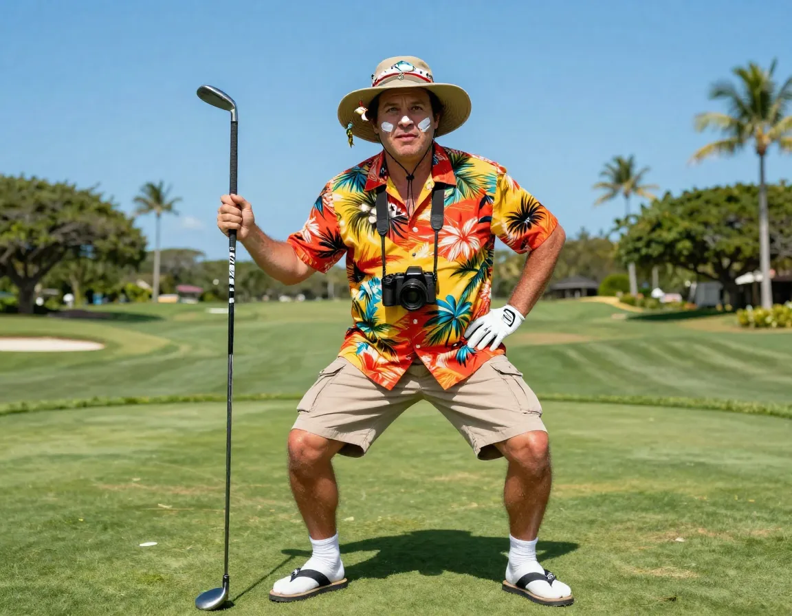 Tropical tourist golfer posing on tee box in hawaiian shirt