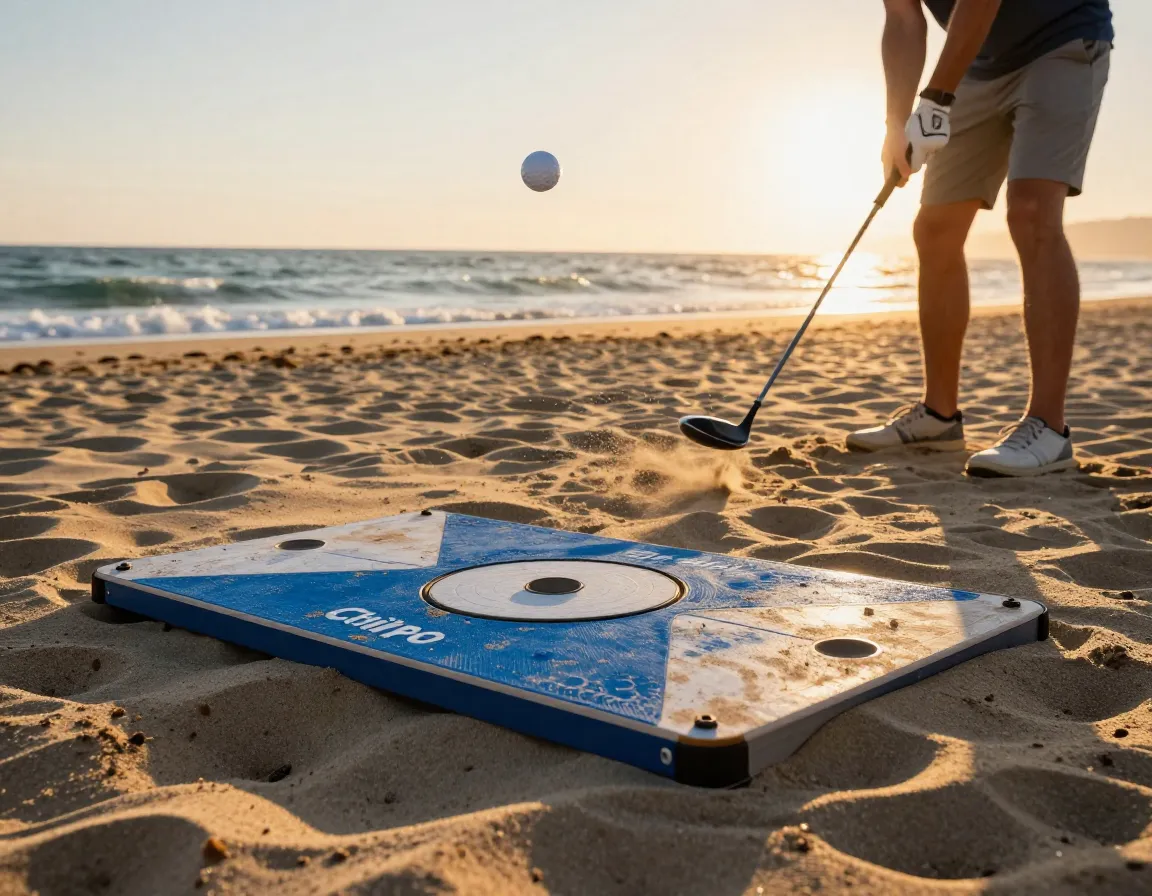 Chippo golf game setup on a sandy beach at golden hour