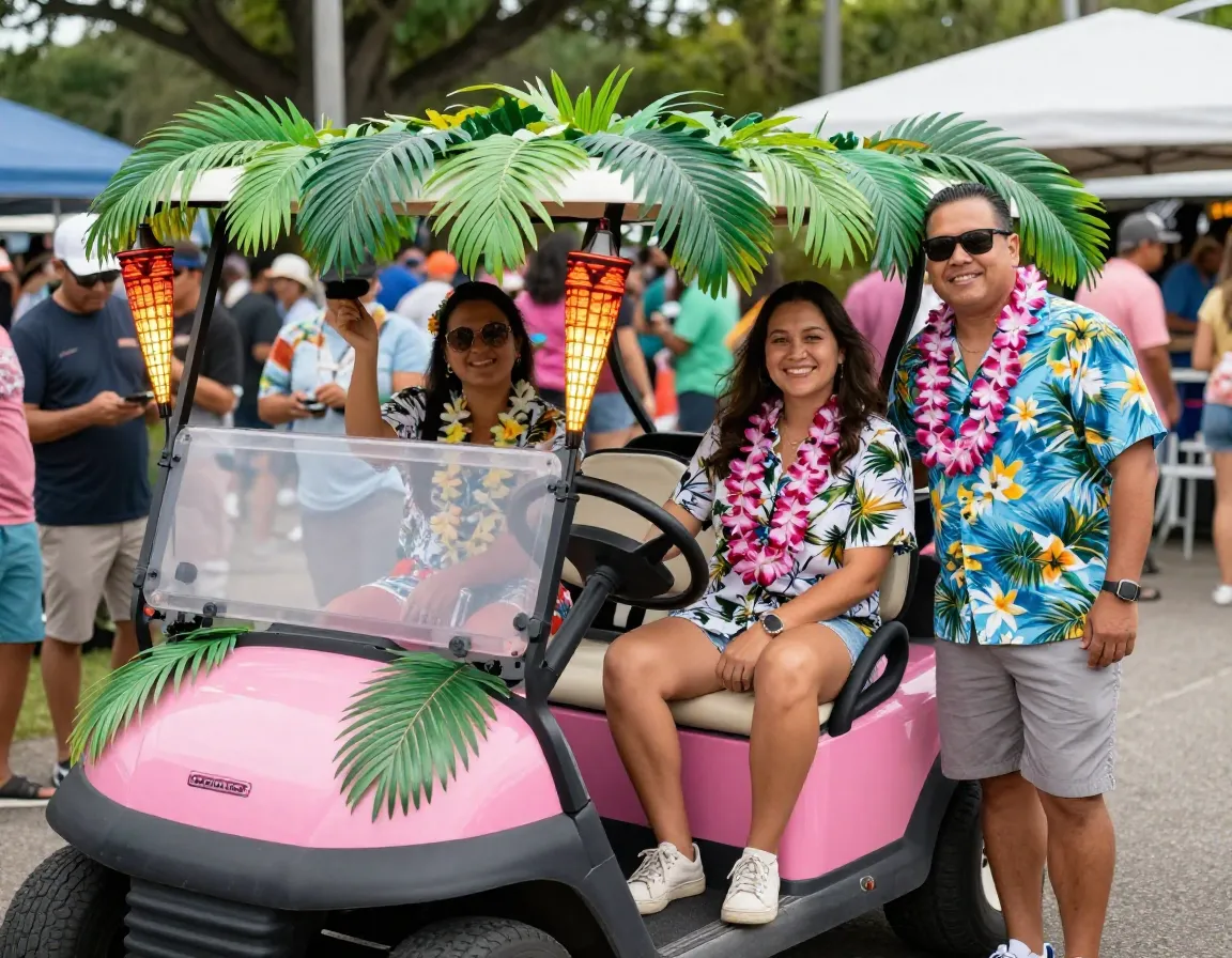 People in tropical themed costumes posing with a decorated hot pink golf cart
