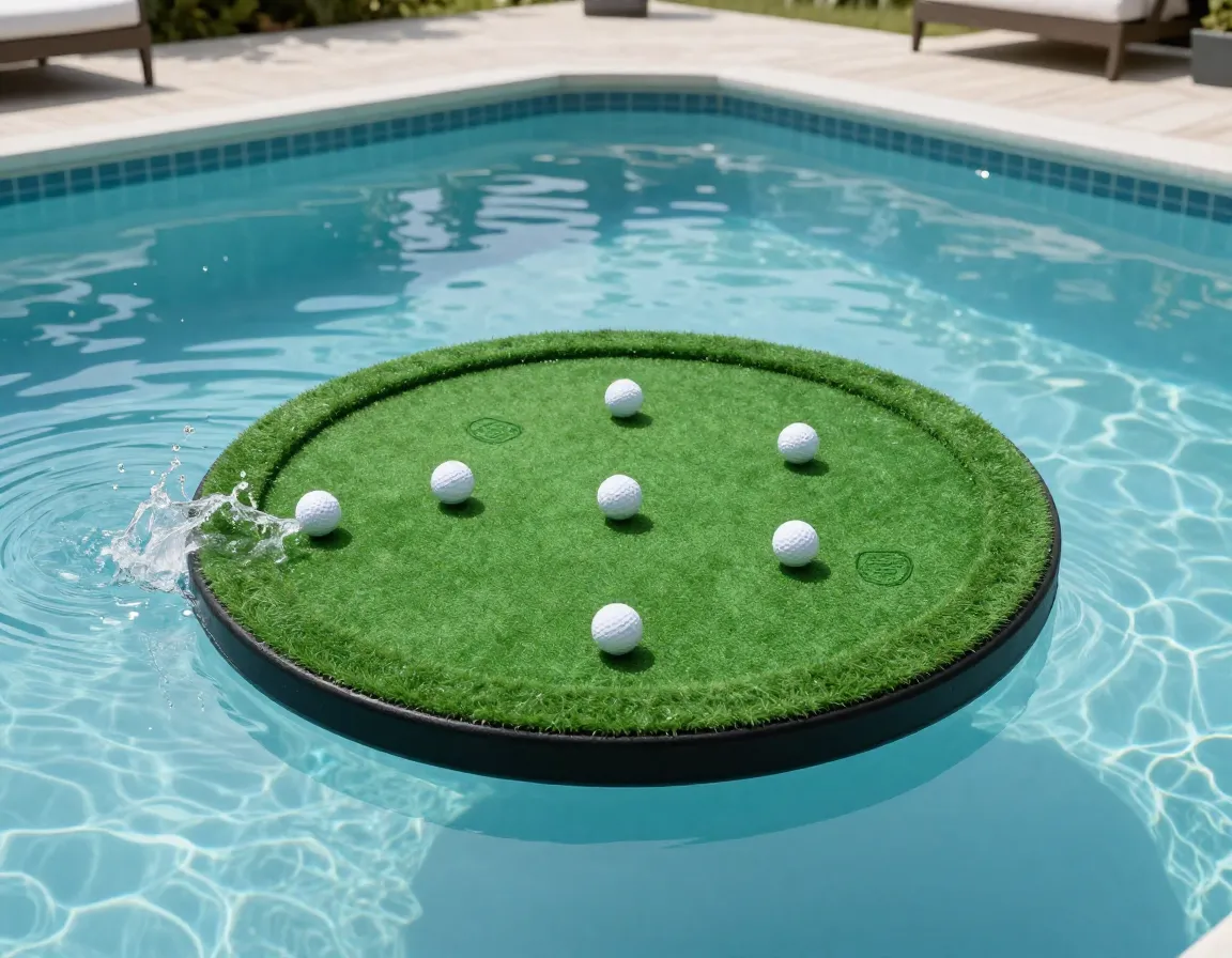 Pga tour floating golf green target in a backyard swimming pool