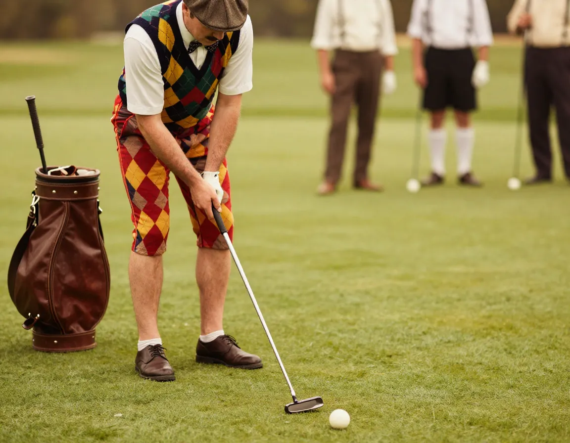 Vintage golfer in plus fours putting on a manicured green