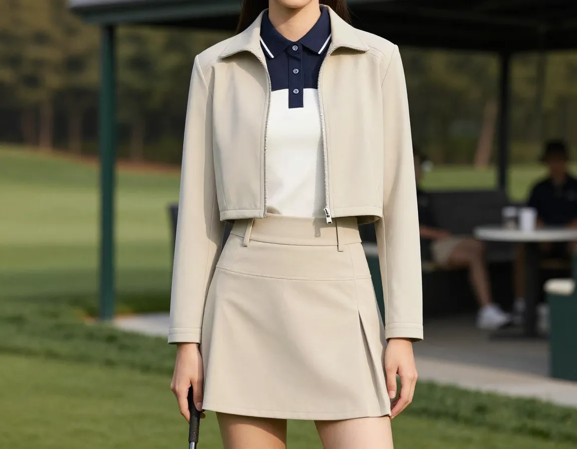 Cropped quarter zip layer over high waisted skort