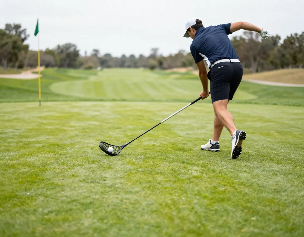 Fling golf athlete using lacrosse style stick on a golf course fairway