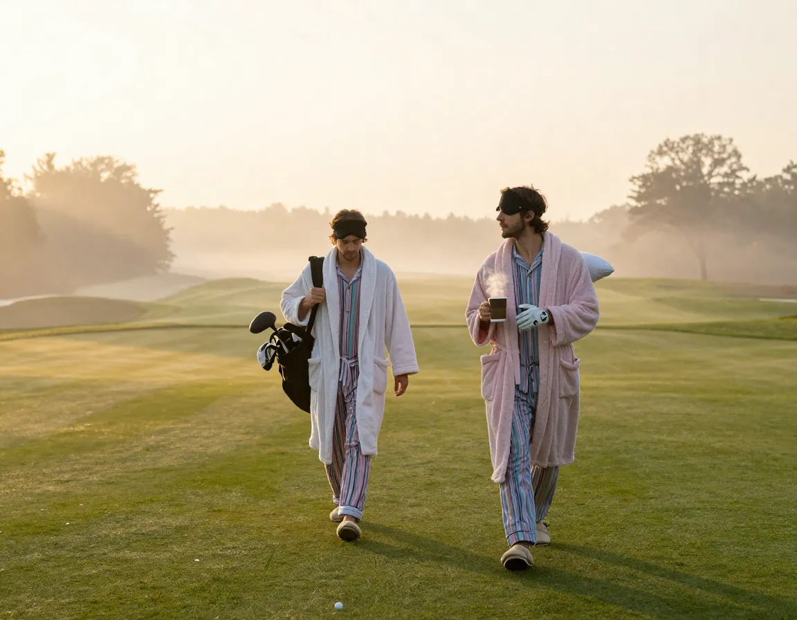 Golfer in pajamas and robe walking fairway at sunrise