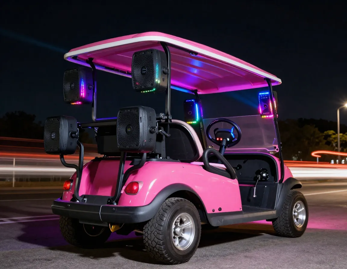Hot pink golf cart with integrated bluetooth speakers pulsing synchronized light show
