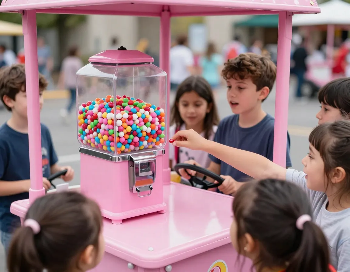 Children taking candy from a dispenser mounted on a decorated hot pink cart