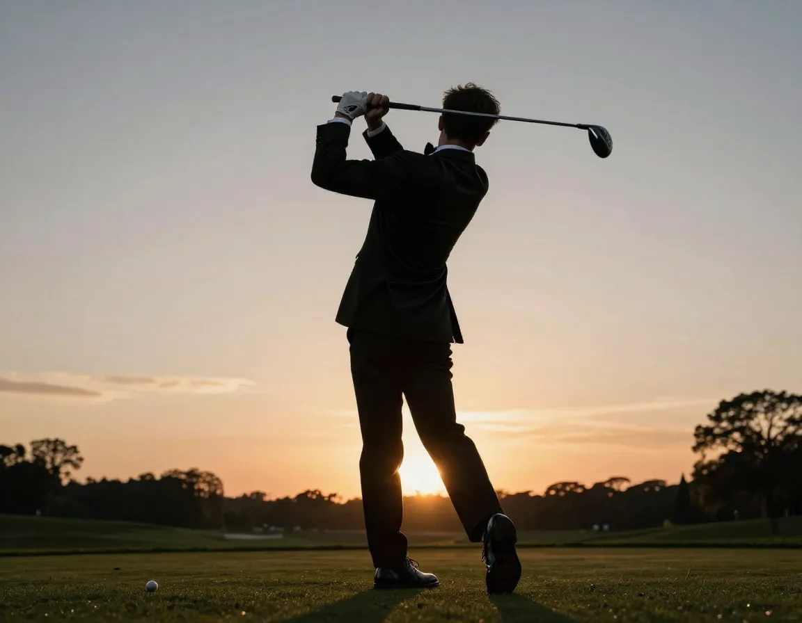 Golfer in tuxedo using driver on tee box at dusk