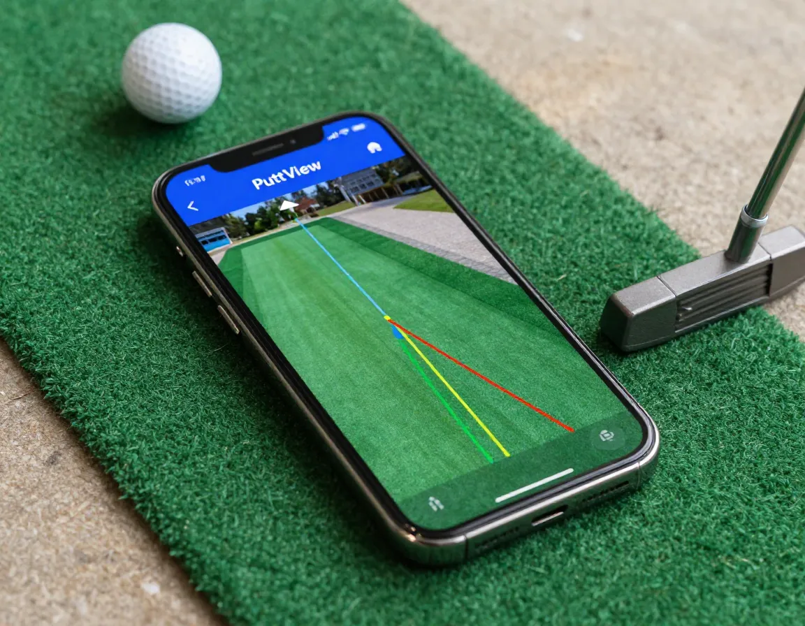 Puttview smartphone app displaying green break lines on a putting mat
