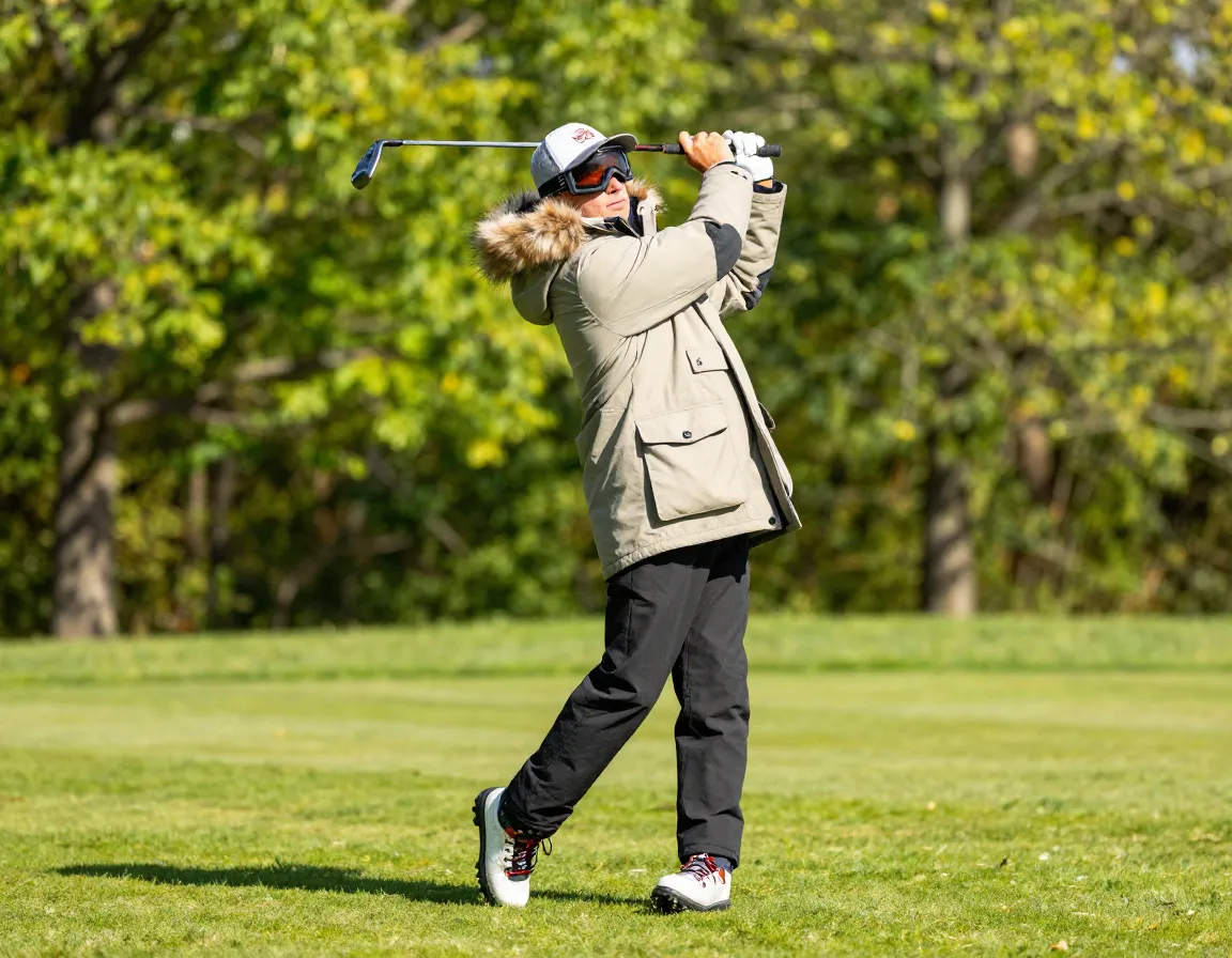 Golfer in winter parka swinging in summer sunshine