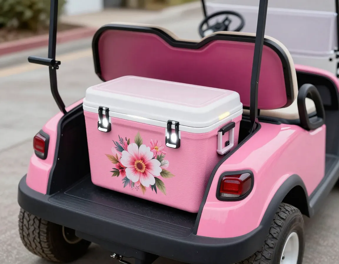 Decorated hot pink golf cart with a custom painted cooler and functional led lights