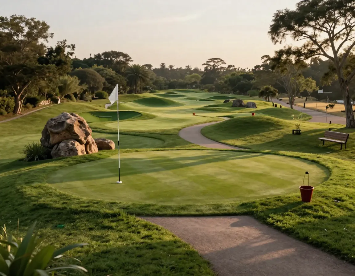 Hybrid golf adventure course blending natural terrain with game targets