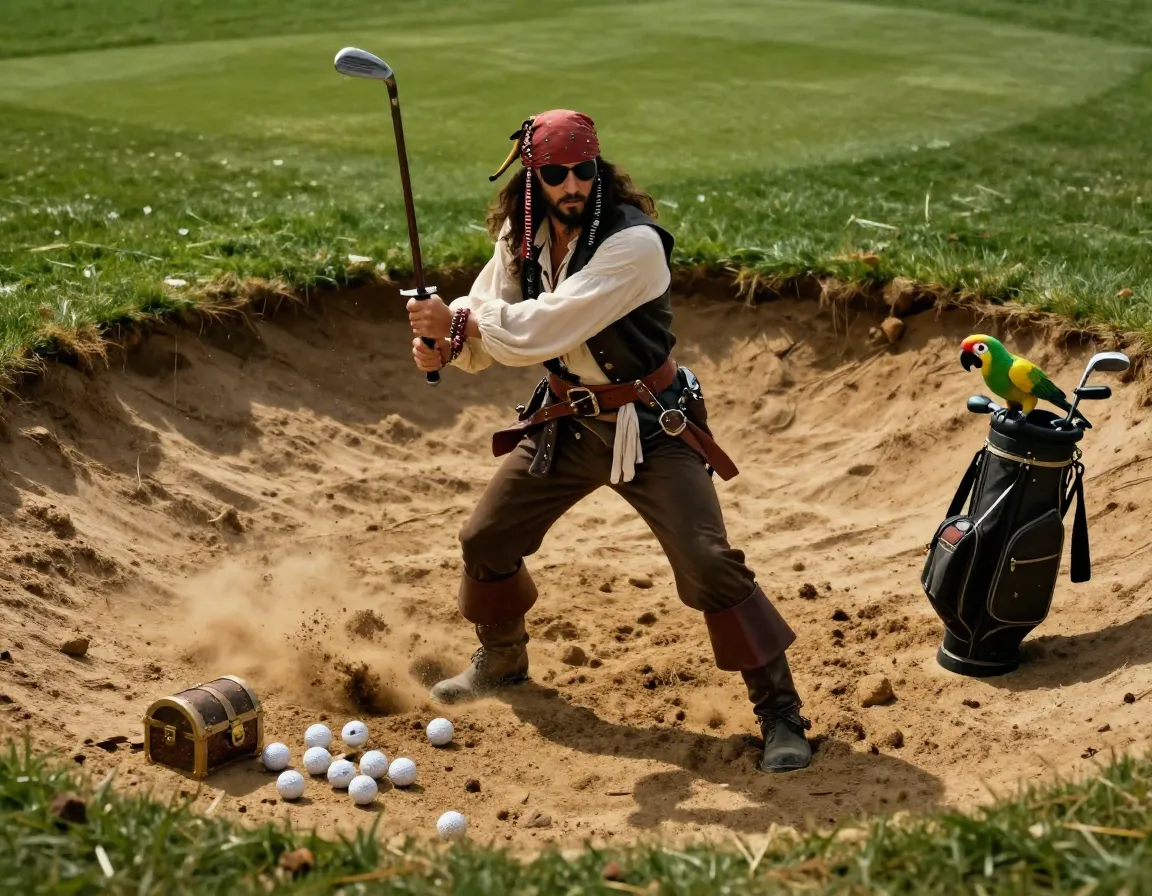 Pirate golfer with sword club navigating a sand bunker