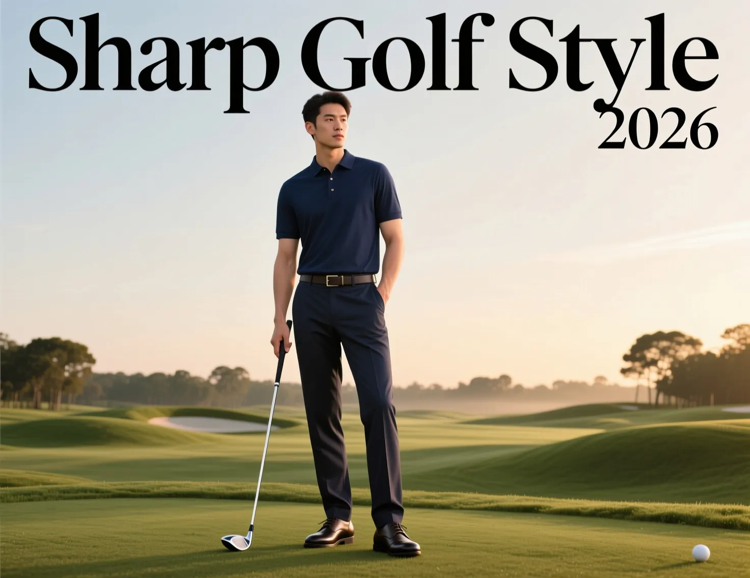 Minimalist luxury golf attire man on tee box sophisticated style