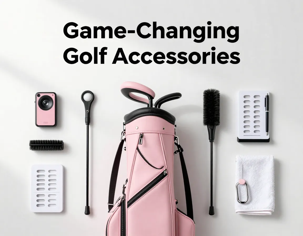 Pink golf bag eight functional accessories flat lay