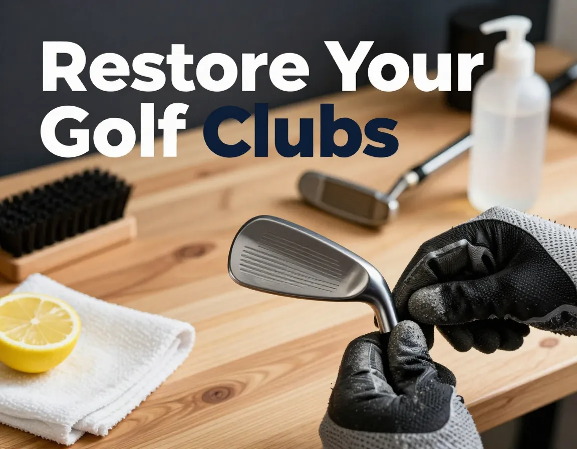 Restored golf iron shiny grooves cleaning tools lemon vinegar bench
