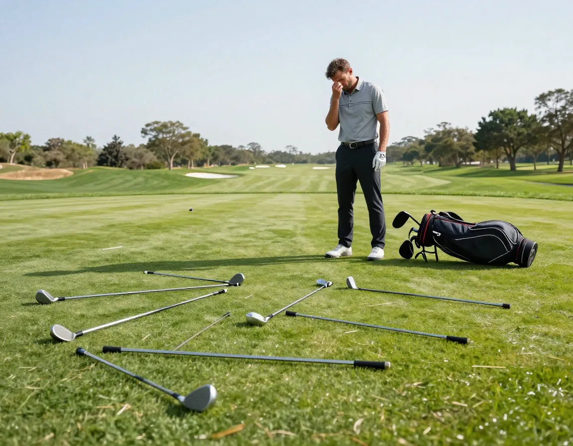 Golfer amidst scattered clubs on fairway looking defeated and contemplative