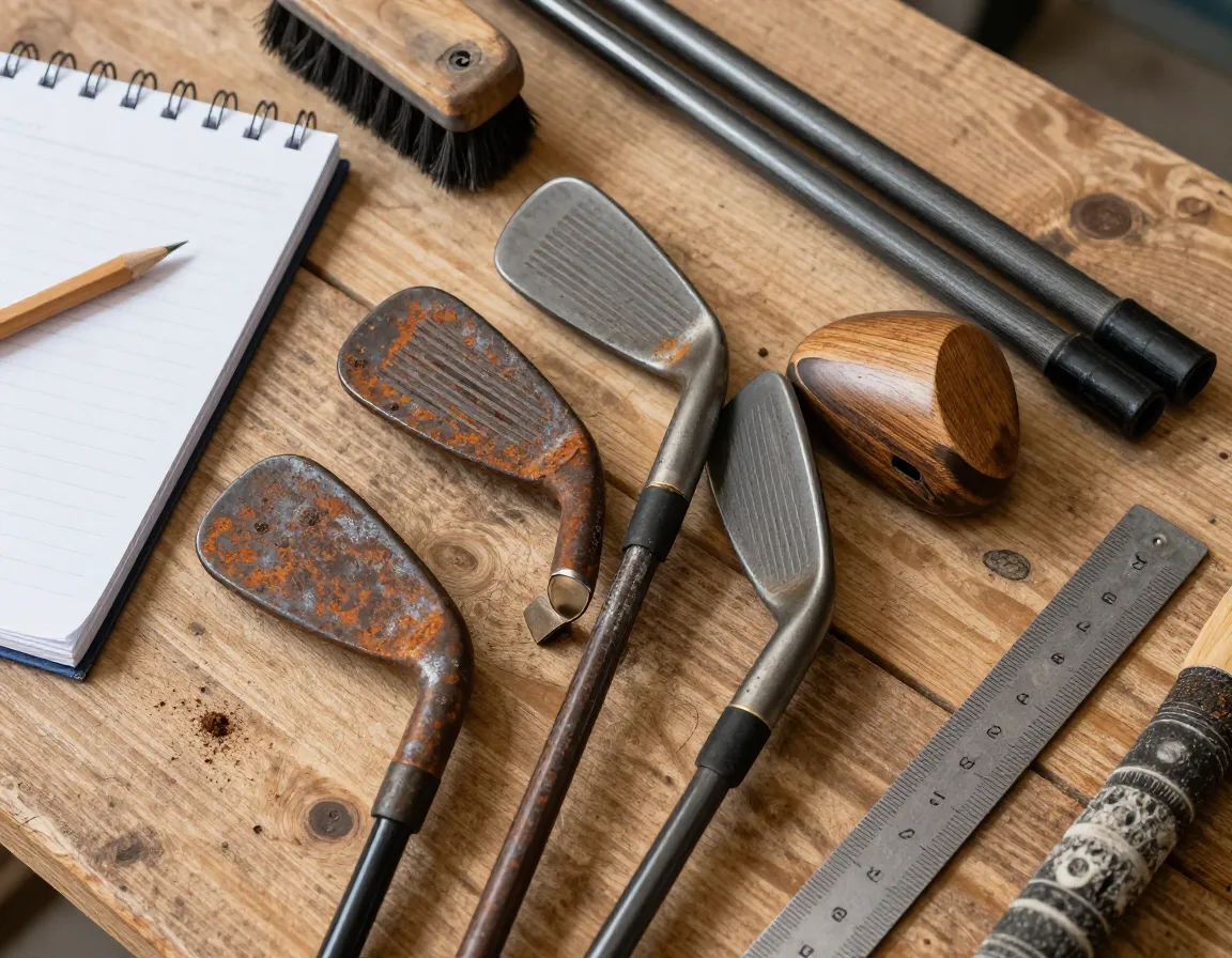 Initial assessment of rusty golf clubs with notepad for restoration plan