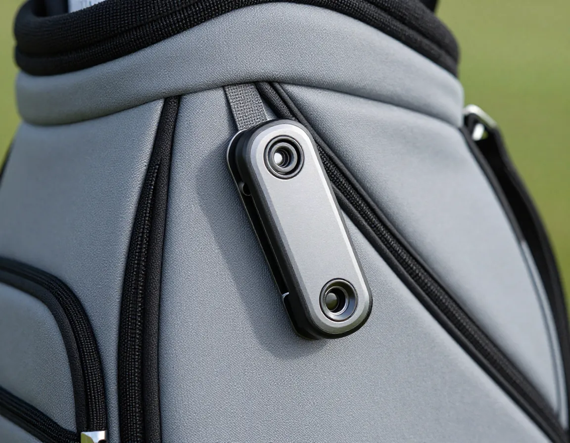 Sleek magnetic clip rangefinder attached to a womans golf bag