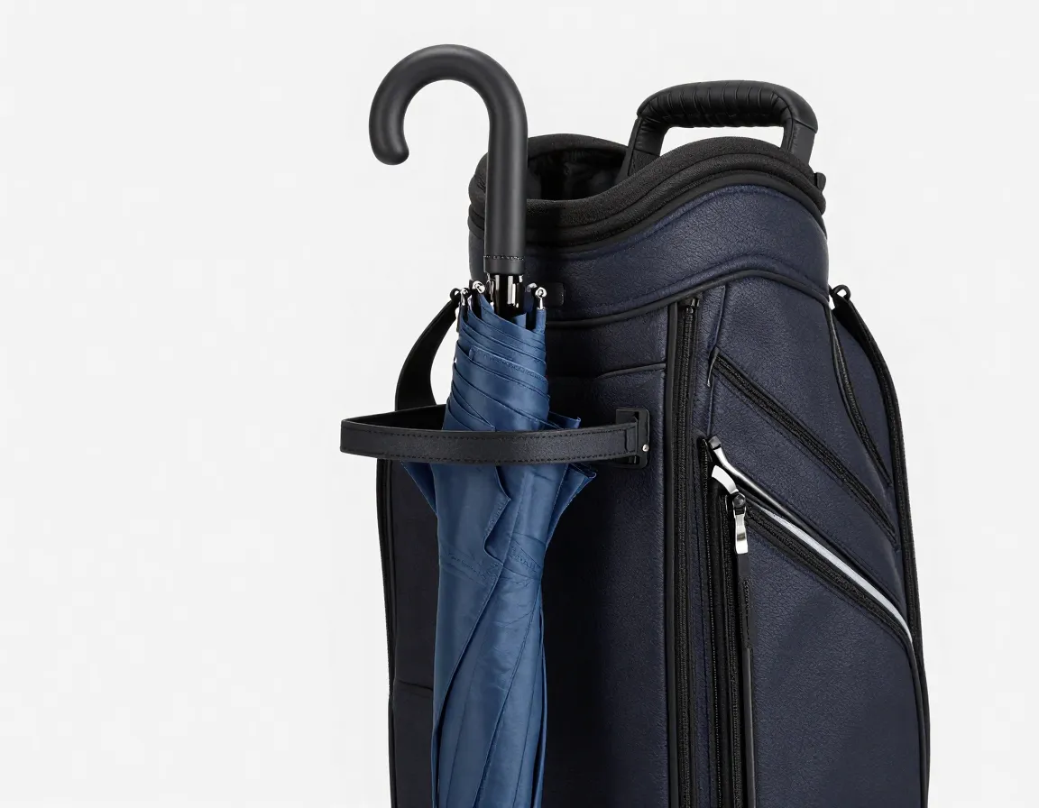 Golf bag umbrella slot holder with a closed umbrella inserted handsfree