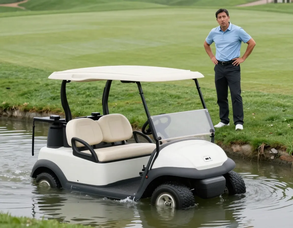 Golf cart partially submerged in water hazard with golfer observing