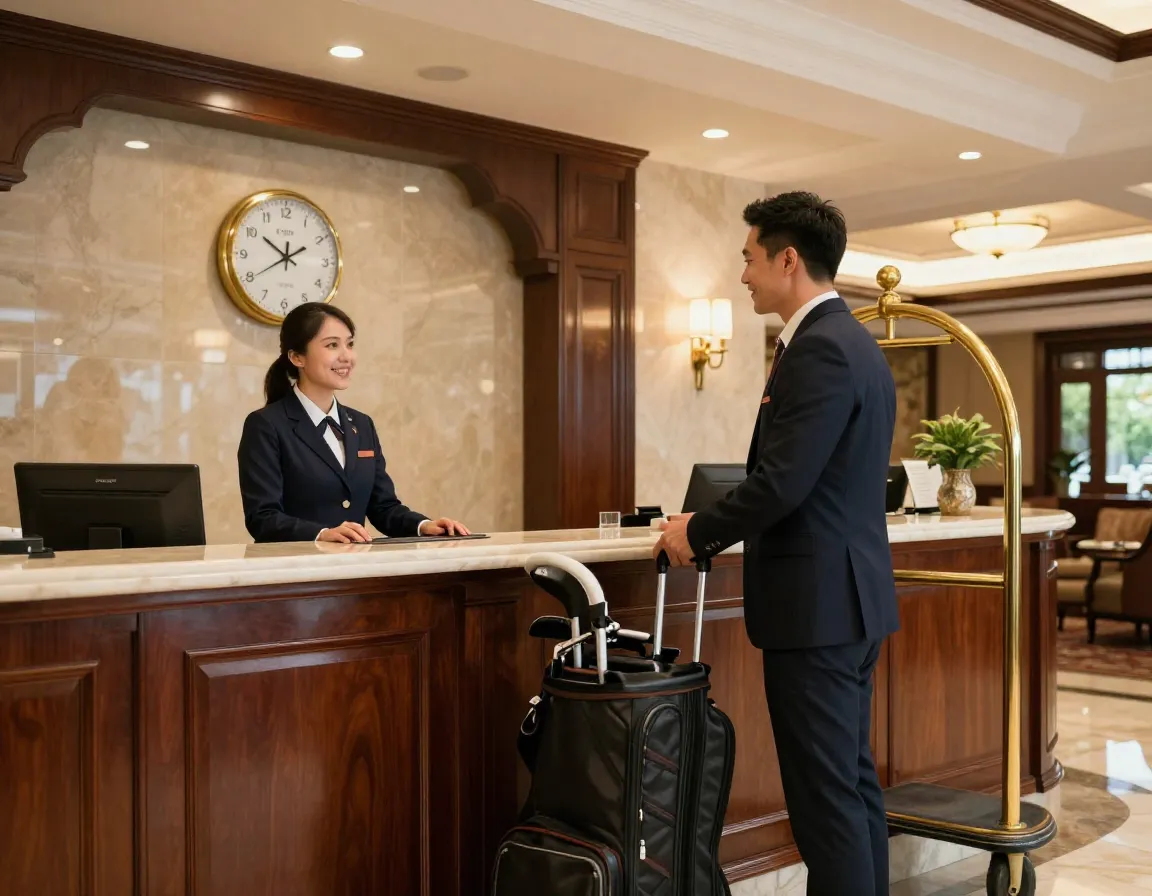 Guest smiling at hotel receptionist during early check in request