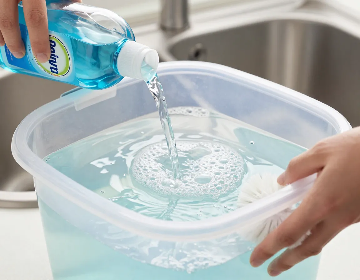 Mixing mild dish soap into warm water cleaning solution in plastic tub